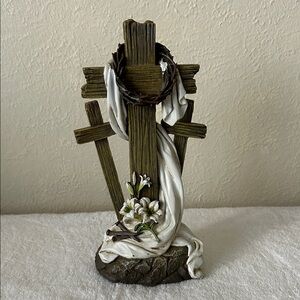 Decorative Cross Trio with White Drape and Flowers